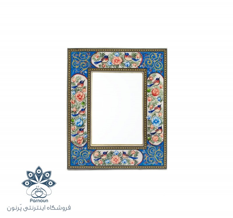 آینه رومیزی با قاب چوبی خاتم و نقاشی شده 22 در 27 سانتیمتری
