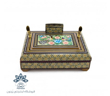 جا خودکاری خاتم و نقاشی طرح جعبه ای- دارای 2 جای خودکار و برگه یاداشت
