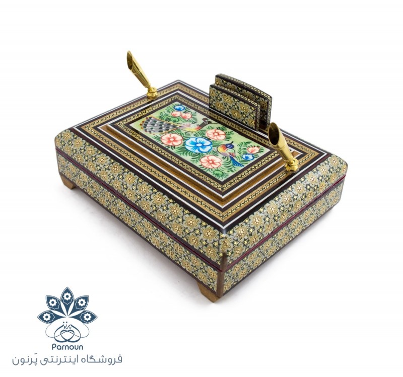 جا خودکاری خاتم و نقاشی طرح جعبه ای- دارای 2 جای خودکار و برگه یاداشت