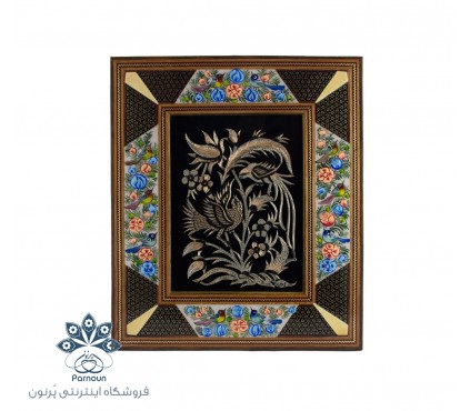 تابلو قلمزنی مسی با قاب خاتم و نقاشی گل و مرغ 30 * 36 سانتیمتری