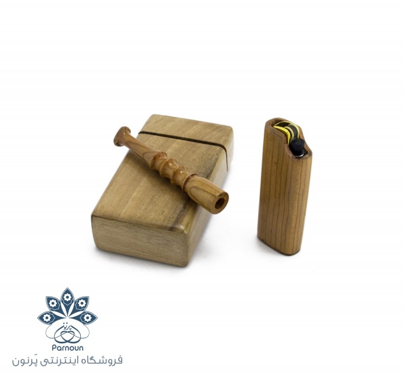 چوب سیگار و فندک چوبی به همراه جعبه ساخته شده از چوب درخت گردو و زردآلو