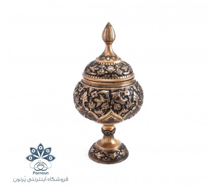 شکلات خوری | قندان مسی پایه دار قلمزنی شده با طرح گل و مرغ اصفهان