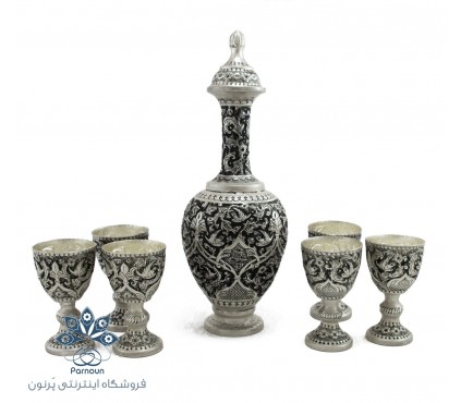 تنگ و جام شراب خوری قلمزنی طرح نقره پتینه کاری شده