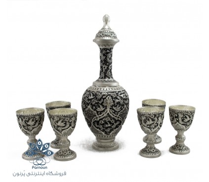 تنگ و جام شراب خوری قلمزنی طرح نقره پتینه کاری شده