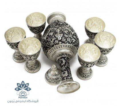 تنگ و جام شراب خوری قلمزنی طرح نقره پتینه کاری شده