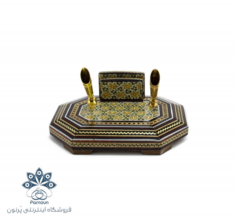 جا قلمی رومیزی خاتم کاری و نقاشی شده 8 ضلعی با دو قیف خودکار