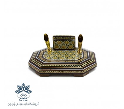 جا قلمی رومیزی خاتم کاری و نقاشی شده 8 ضلعی با دو قیف خودکار