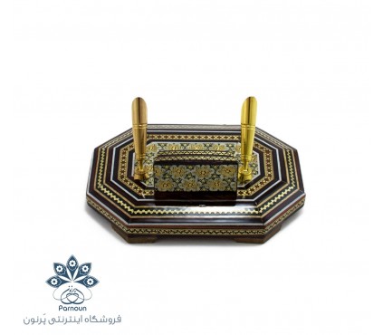 جا قلمی رومیزی خاتم کاری و نقاشی شده 8 ضلعی با دو قیف خودکار 