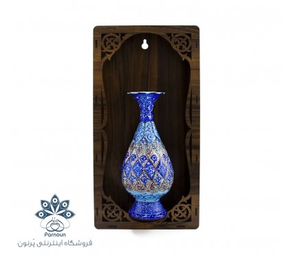 گلدان میناکاری 20 سانتیمتری با قاب چوبی مشبک کاری شده