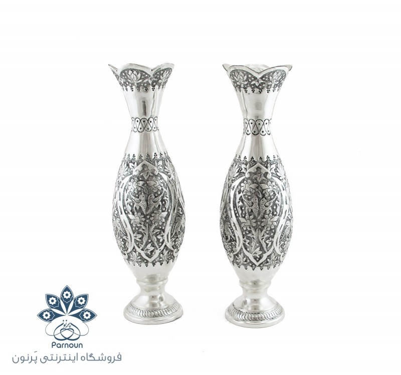 گلدان قلمزنی با روکش نقره و سیاه قلم طرح موشکی