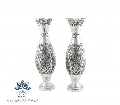 گلدان قلمزنی با روکش نقره و سیاه قلم طرح موشکی