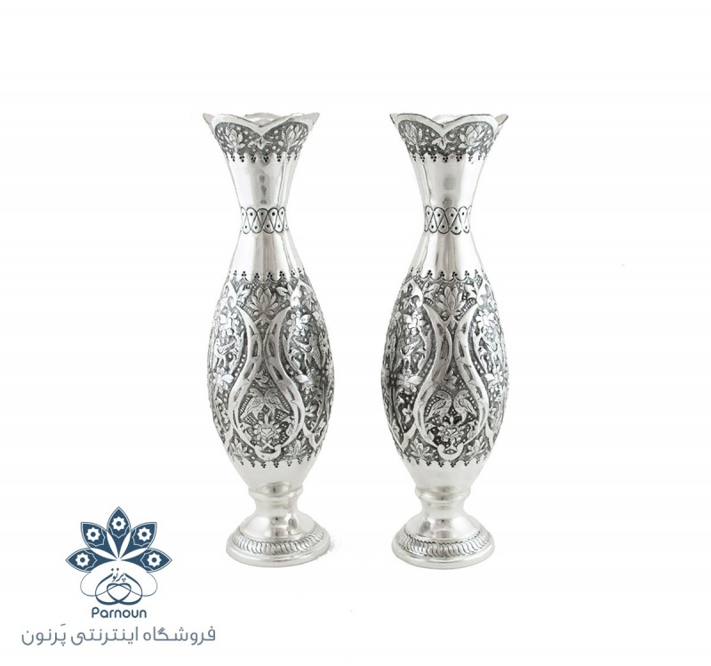 گلدان قلمزنی با روکش نقره و سیاه قلم طرح موشکی