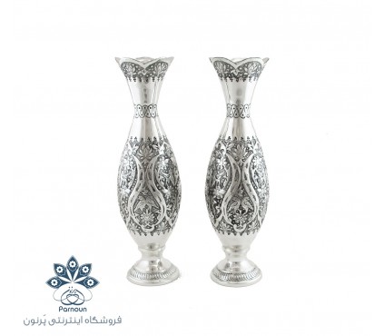 گلدان قلمزنی با روکش نقره و سیاه قلم طرح موشکی