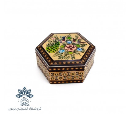 جعبه جواهرات چوبی 5 ضلعی خاتم کاری شده داخل مخملی