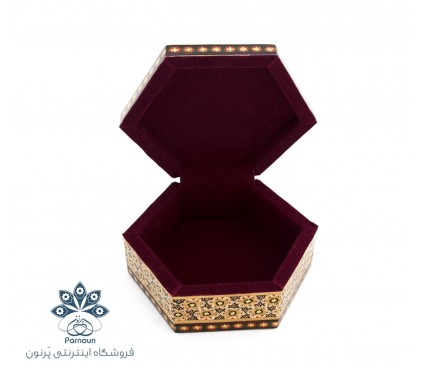 جعبه جواهرات چوبی 5 ضلعی خاتم کاری شده داخل مخملی
