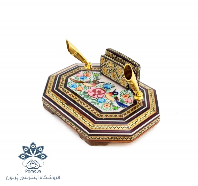 جا قلمی رومیزی خاتم  و نقاشی 8 ضلعی با دو قیف خودکار 