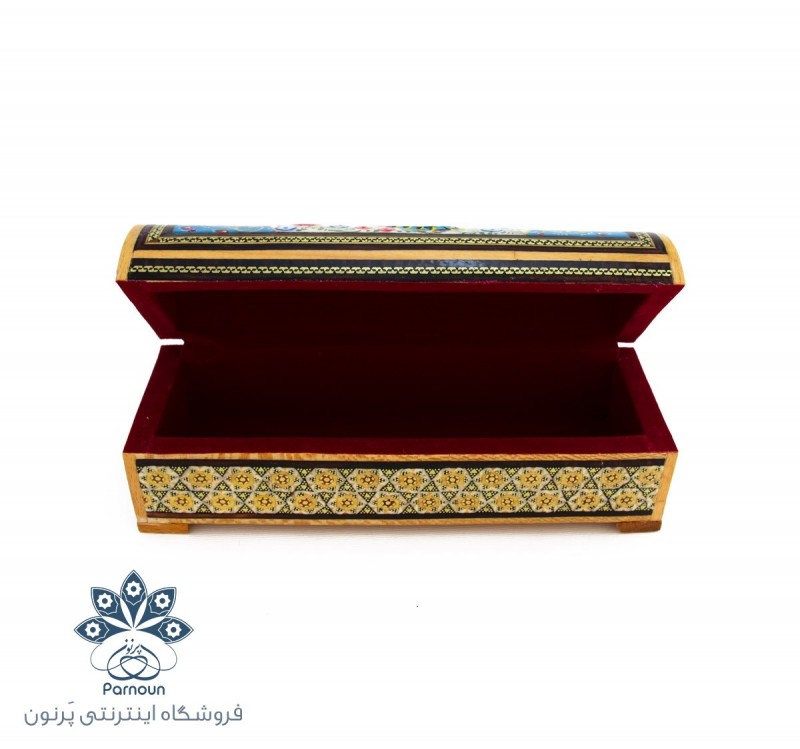 قلمدان خاتم و نقاشی طرح صندوقچه با درب لولایی و پوشش داخلی مخمل قرمز