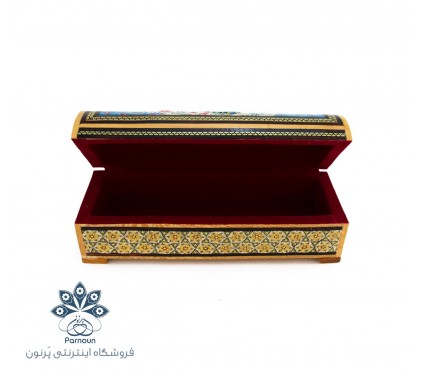 قلمدان خاتم و نقاشی طرح صندوقچه با درب لولایی و پوشش داخلی مخمل قرمز