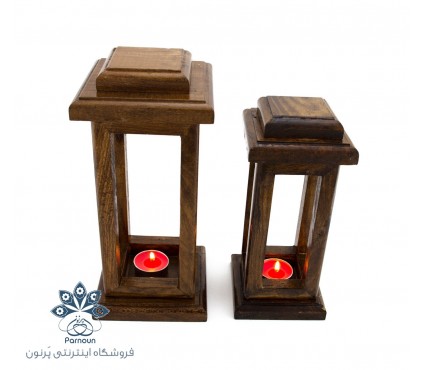 شمعدان چوبی 2 قلو طرح چهارچوب سقف دار
