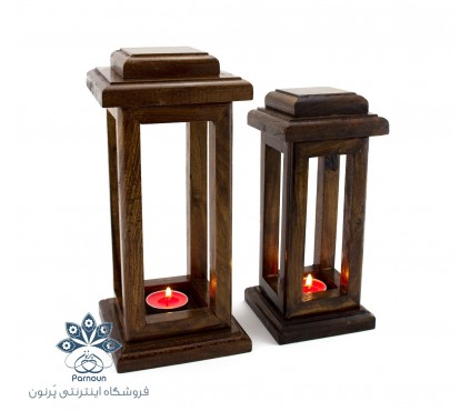 شمعدان چوبی 2 قلو طرح چهارچوب سقف دار