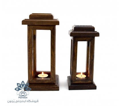 شمعدان چوبی 2 قلو طرح چهارچوب سقف دار