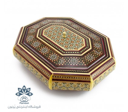 شکلات خوری 8 ضلعی چوبی خاتم‌کاری شده اصفهان با پوشش مخمل قرمز