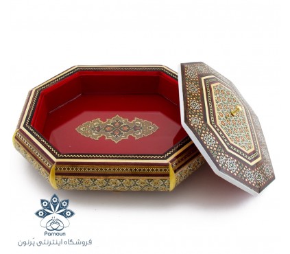 شکلات خوری 8 ضلعی چوبی خاتم‌کاری شده اصفهان با پوشش مخمل قرمز