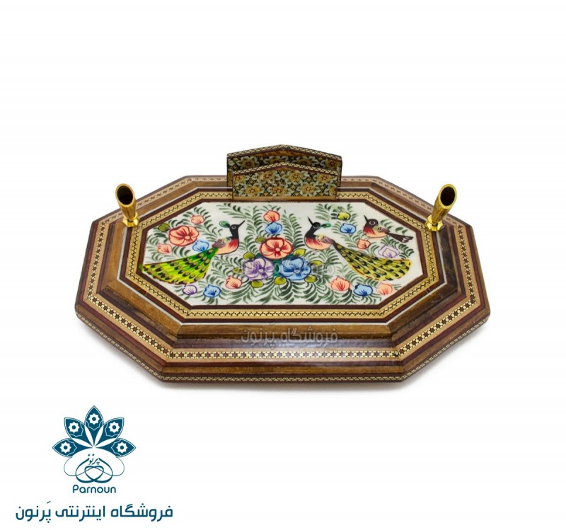مشخصات و قیمت جا قلمی رومیزی 18 × 24 خاتم و نقاشی 8 ضلعی