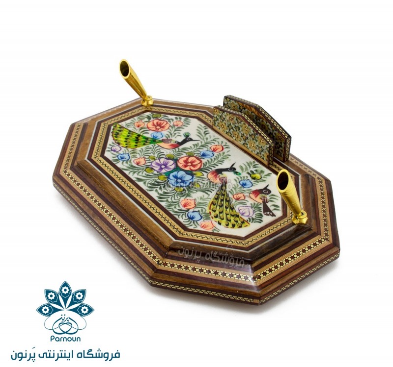 مشخصات و قیمت جا قلمی رومیزی 18 × 24 خاتم و نقاشی 8 ضلعی