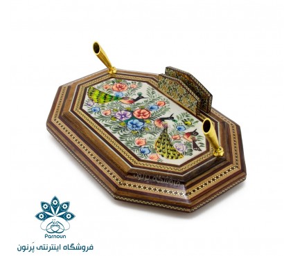 مشخصات و قیمت جا قلمی رومیزی 18 × 24 خاتم و نقاشی 8 ضلعی
