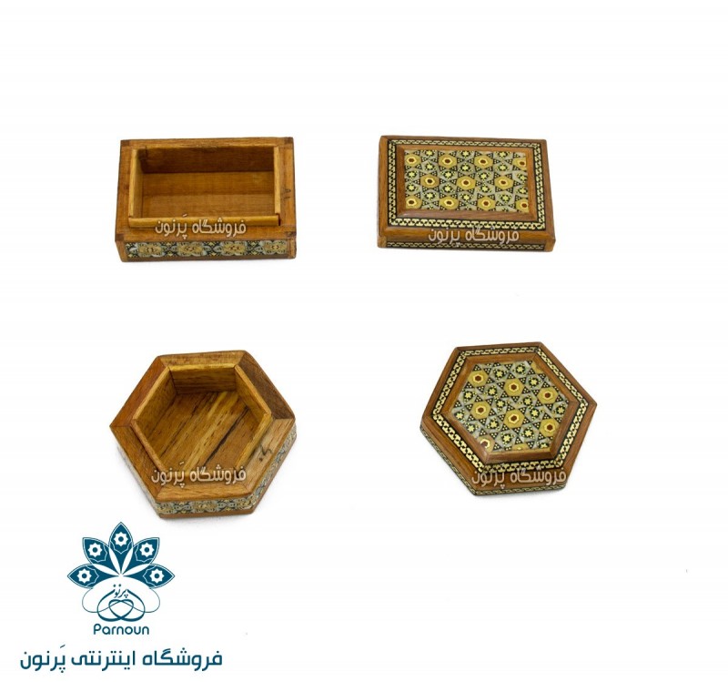 جعبه انگشتر خاتم‌کاری در 2 طرح 5 ضلعی و 4 ضلعی