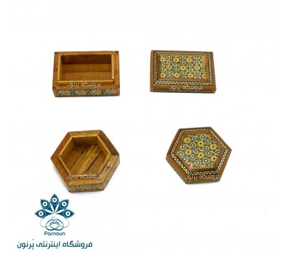 جعبه انگشتر خاتم‌کاری در 2 طرح 5 ضلعی و 4 ضلعی