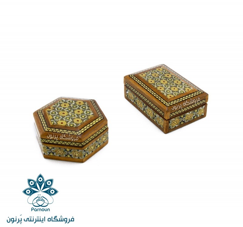 جعبه انگشتر خاتم‌کاری در 2 طرح 5 ضلعی و 4 ضلعی
