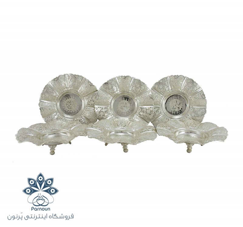 سری 6 تایی شیرینی خوری قلمزنی پایه کوتاه نقره نما