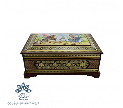 جعبه جواهرات خاتم بزرگ با طرح نگارگری سنتی شکارگاه