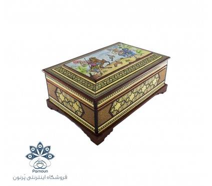 جعبه جواهرات خاتم بزرگ با طرح نگارگری سنتی شکارگاه