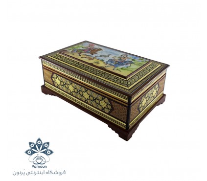 جعبه جواهرات خاتم بزرگ با طرح نگارگری سنتی شکارگاه