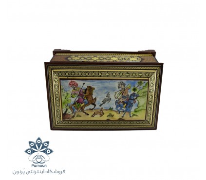 جعبه جواهرات خاتم بزرگ با طرح نگارگری سنتی شکارگاه