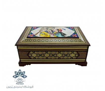 جعبه جواهرات خاتم کاری بزرگ با نقش نگارگری لیلی و مجنون