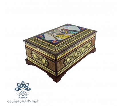جعبه جواهرات خاتم کاری بزرگ با نقش نگارگری لیلی و مجنون