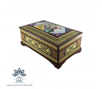 جعبه جواهرات خاتم کاری بزرگ با نقش نگارگری لیلی و مجنون