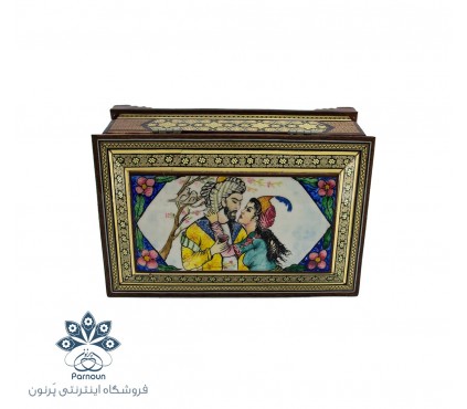 جعبه جواهرات خاتم کاری بزرگ با نقش نگارگری لیلی و مجنون