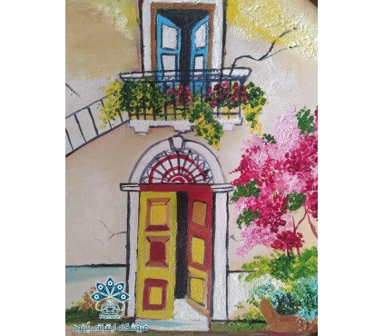 بشقاب سفالی طرح خانه روستایی