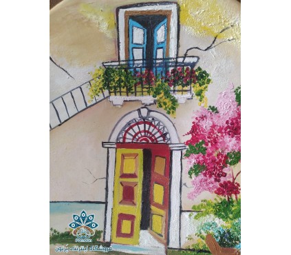 بشقاب سفالی طرح خانه روستایی