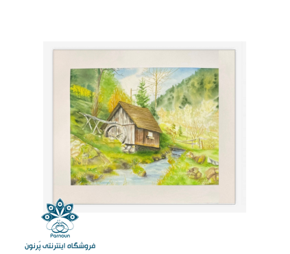 تابلو نقاشی آبرنگ نقش رنگ مدل منظره و کلبه S113 اندازه 45x35x2