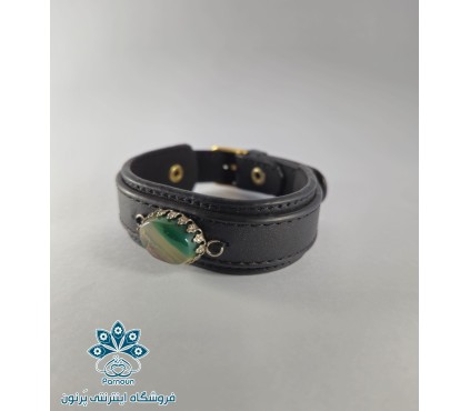 دستبند چرم سنگ اصل عقیق سبز رگه سلیمانی