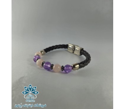 دستبند چرم با سنگ های اصل آمیتیس و رز کواتز