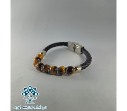 دستبند چرم با سنگ چشم ببر اصل