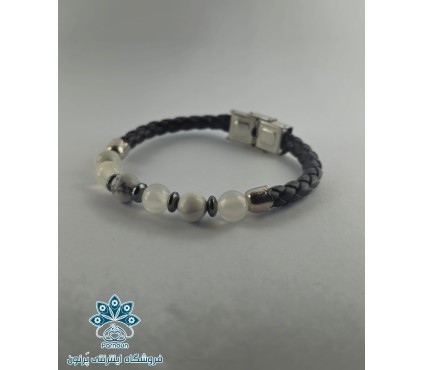 دستبند چرم با سنگ های اصل هاولیت سنگ سفید بارگه مشکی و سلنایت