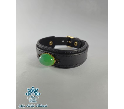 دستبند چرم با سنگ اصل عقیق سبز